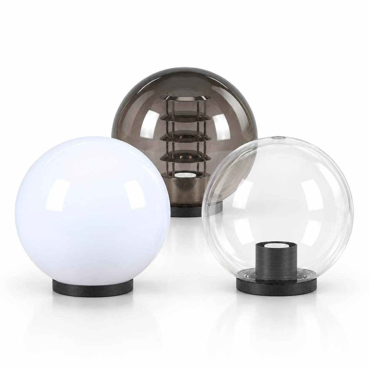 250 mm opal, clear and smoked globe lights with black bases