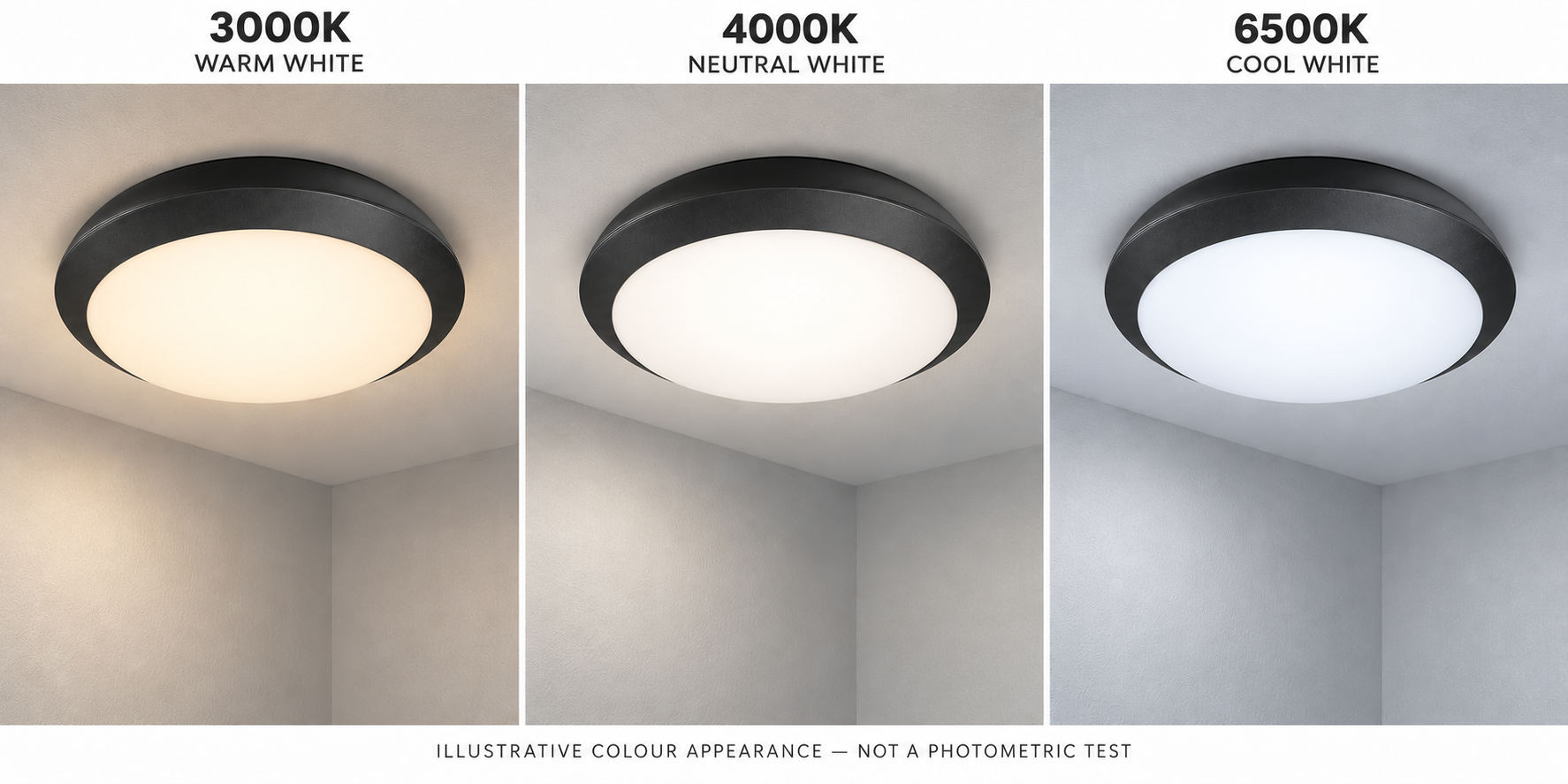 Matching exterior colour examples: 3000K warm white, 4000K neutral white and 6500K cool white