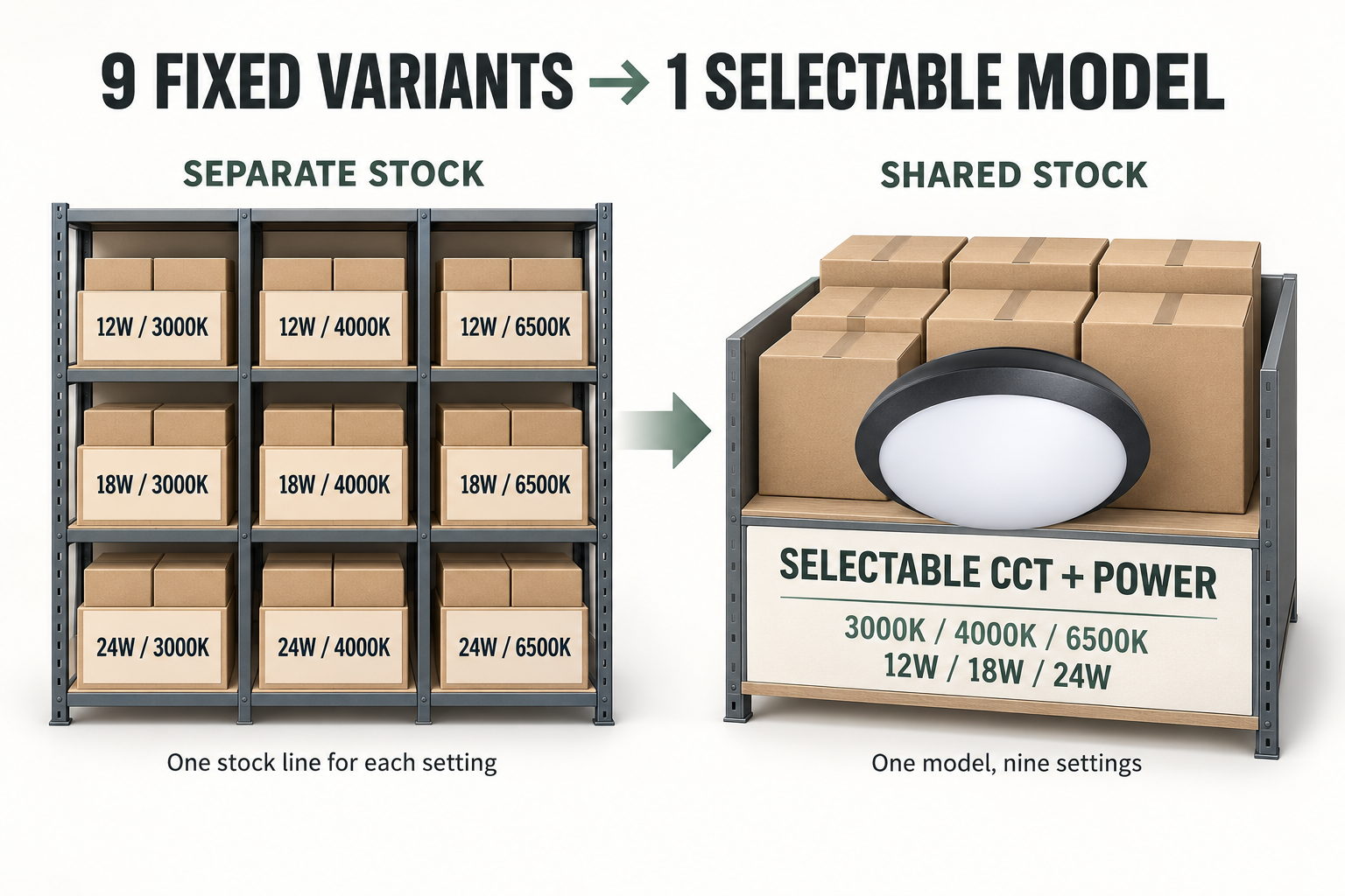Nine separately stocked fixed wattage and colour-temperature variants compared with one selectable ceiling-light model held as shared stock