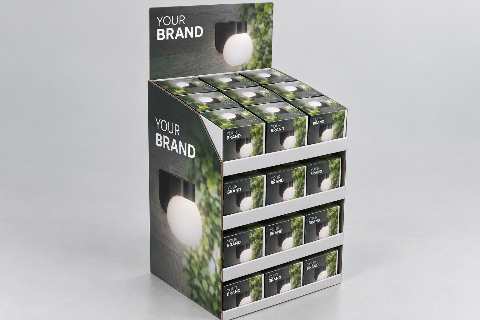 High-resolution concept visual of a floor-standing cardboard PDQ stocked with boxed outdoor wall lights and anonymous branding