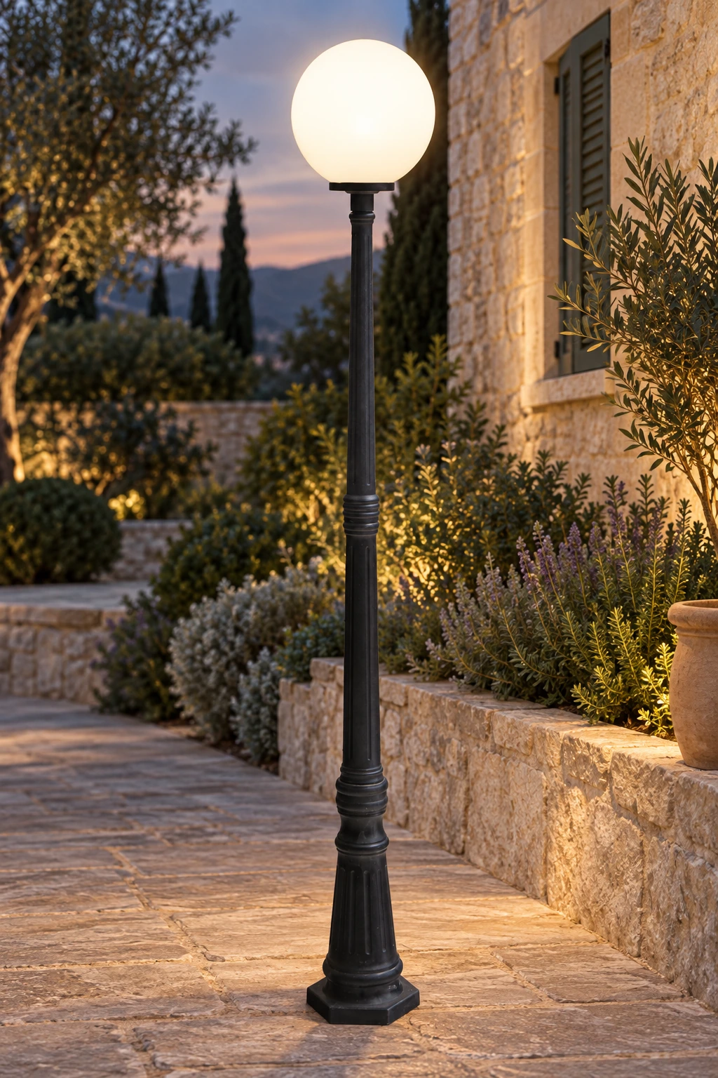 GD001-B-250-B-210-1H · black housing · installed outdoor scene