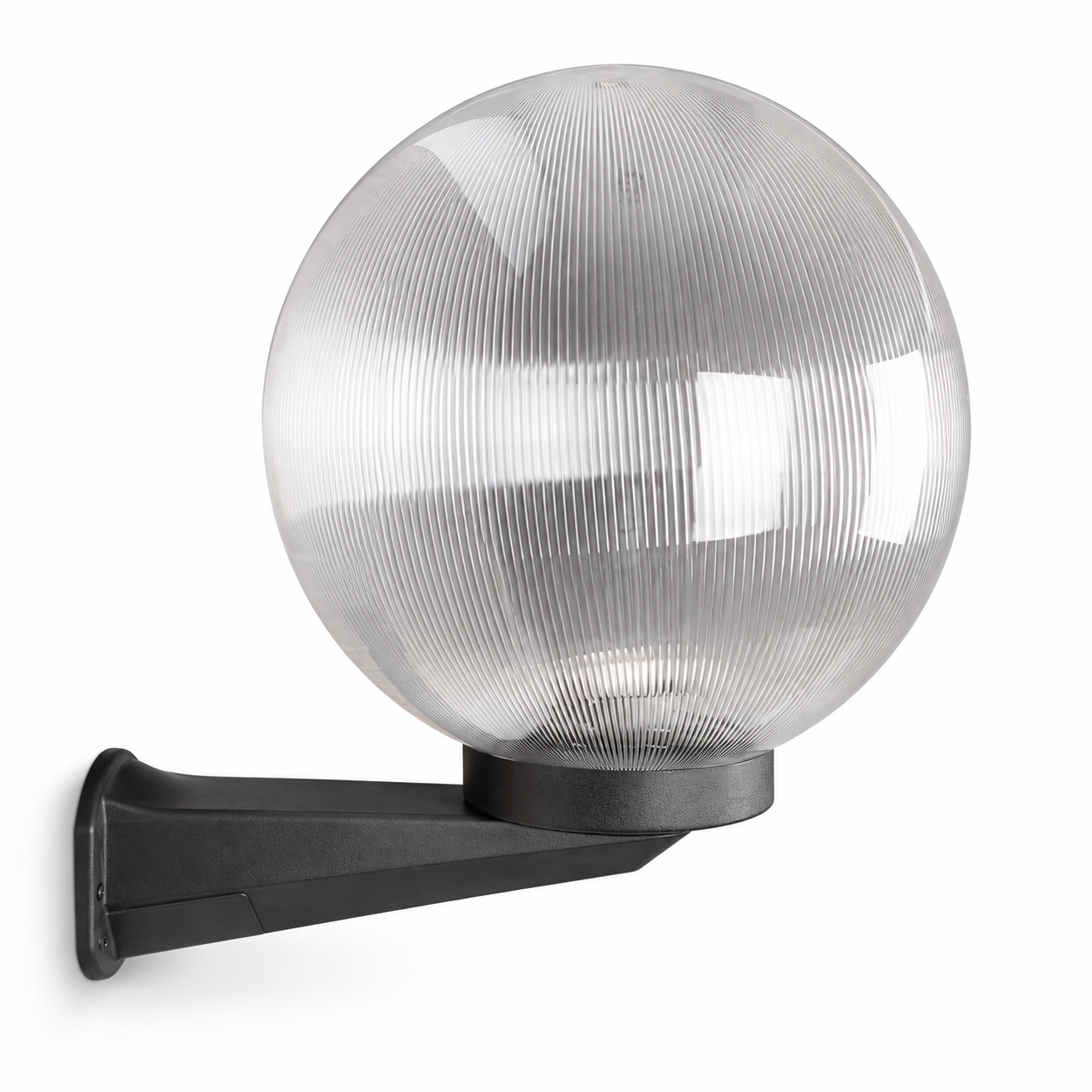 GD001-B-350-B-W1 350 mm PMMA globe wall light with large curved arm — clear prismatic, light off